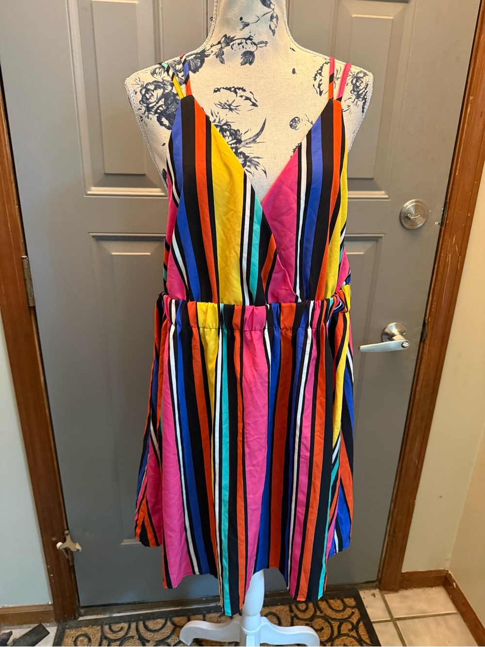 Ladies 2xl-Vibrant multi Color Striped Spaghetti Strap Dress/beach cover